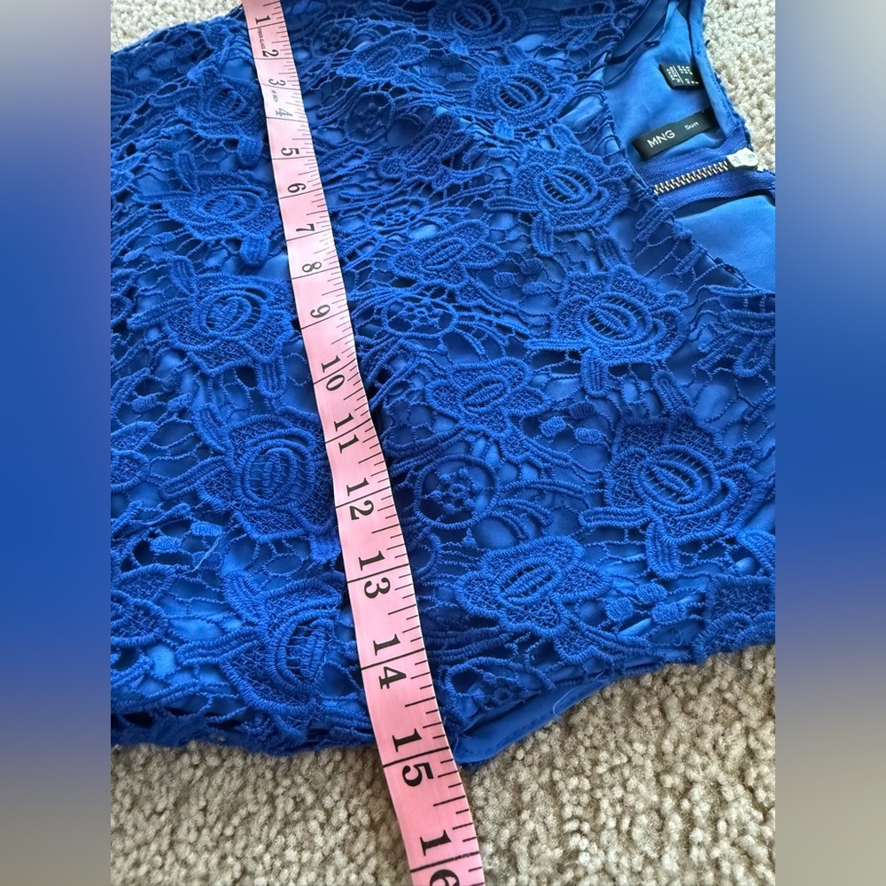 Mango Suit Royal Blue Floral Lace Sheath Dress Scalloped Hem Size 4 - Picture 8 of 11